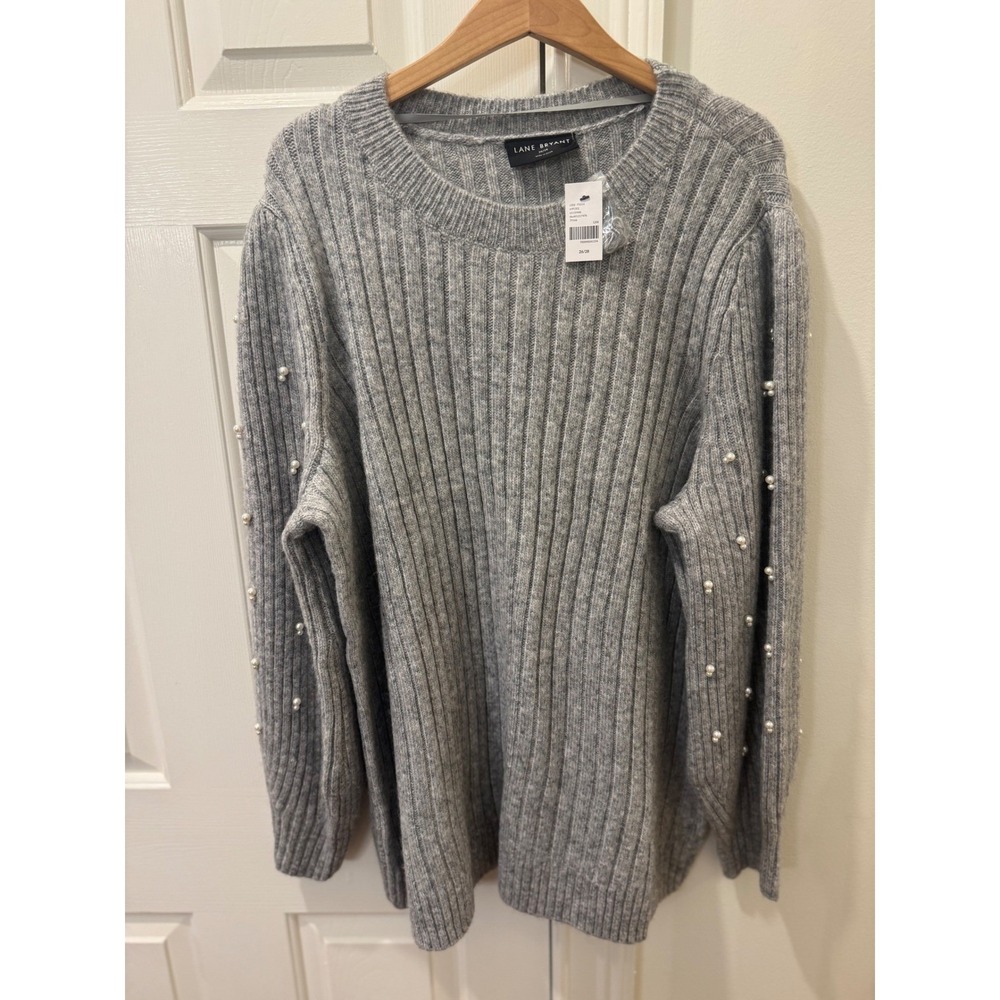 Lane Bryant Gray Ribbed Pearl Sleeve Sweater Plus Size 26/28 NWT New